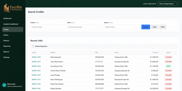 Escriba Finanzas — credit search dashboard
